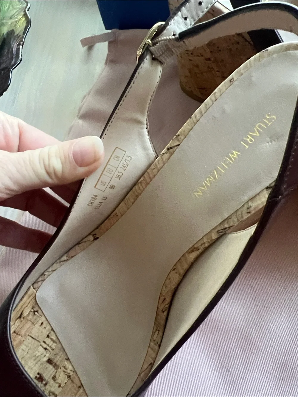 Stuart Weitzman Mahogany Leather Cork Wedge Slingbacks